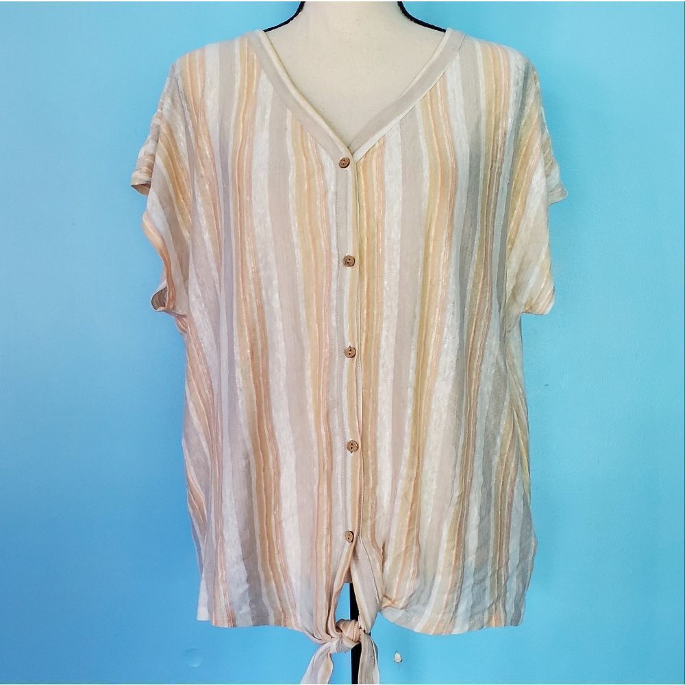 Rachel Zoe Multicolored Striped Knotted Front 100% Linen Button Up Shirt